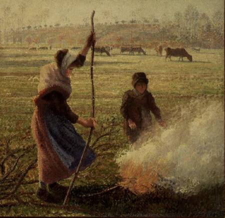 White Frost, woman breaking wood von Camille Pissarro