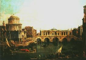 Canal Grande mit imaginärer Rialtobrücke und anderen Gebäuden 1744