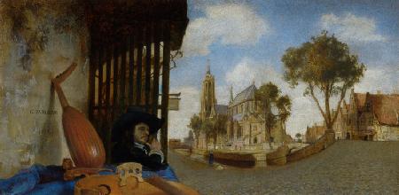 Ansicht von Delft mit Stand eines Musikinstrumentenverkäufers 1652