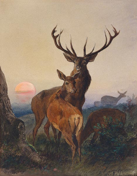 Ein Hirsch und ein Reh bei Sonnenuntergang von Carl Friedrich Deiker