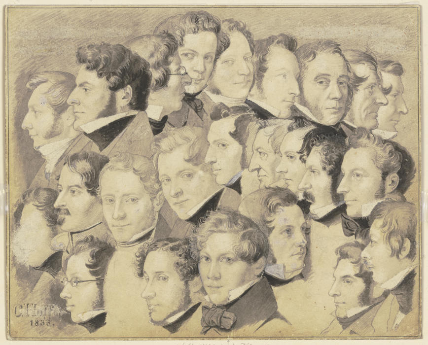 Stammgäste im Goldenen Pfau, 24 Köpfe, unten in der Mitte der Künstler selbst von Carl Hoff