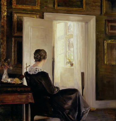 A woman seated near a door von Carl Holsoe