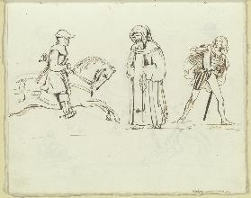 Ein Reiter, ein Mönch, ein junger Ritter mit Schwert und weitem Mantel
