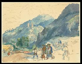 Landschaft bei Innsbruck mit der Ruine Fragenstein und heimkehrenden sowie auf dem Felde arbeitenden