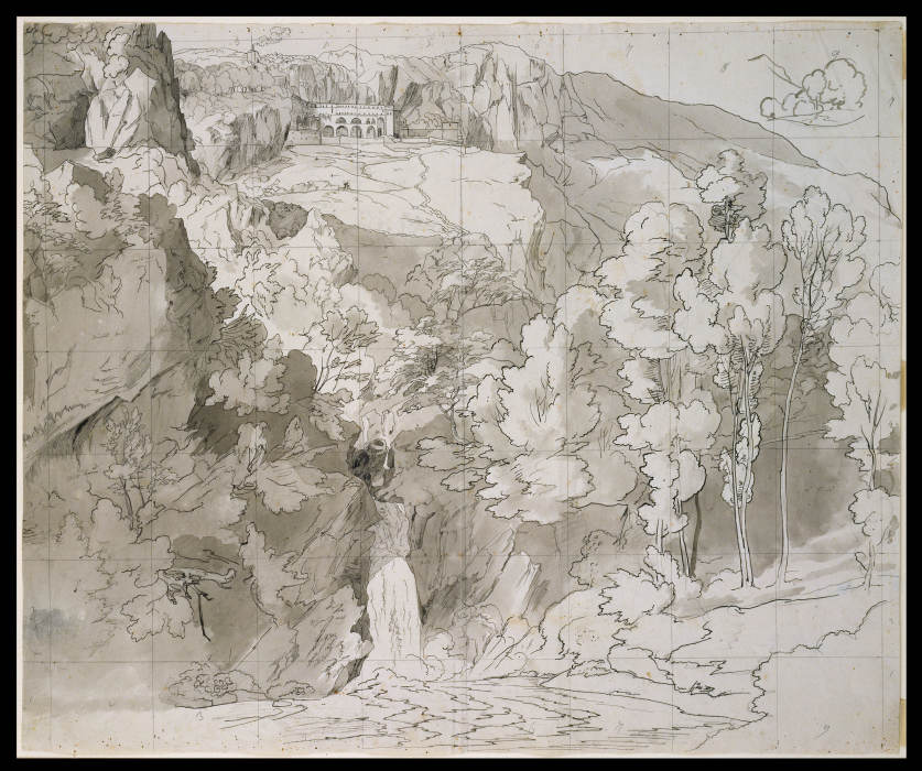 Landschaft bei Subiaco mit einem Wasserfall und dem Kloster San Benedetto von Carl Philipp Fohr