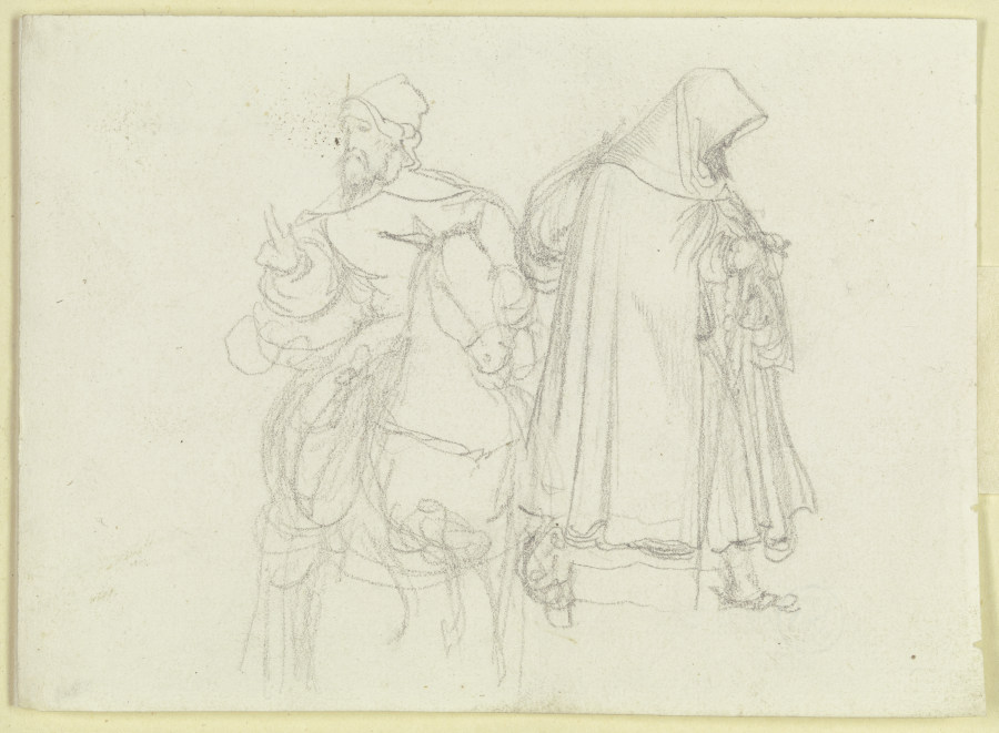 Mann mit Kappe und Bart zu Pferde; nach rechts schreitender Mönch von Carl Philipp Fohr