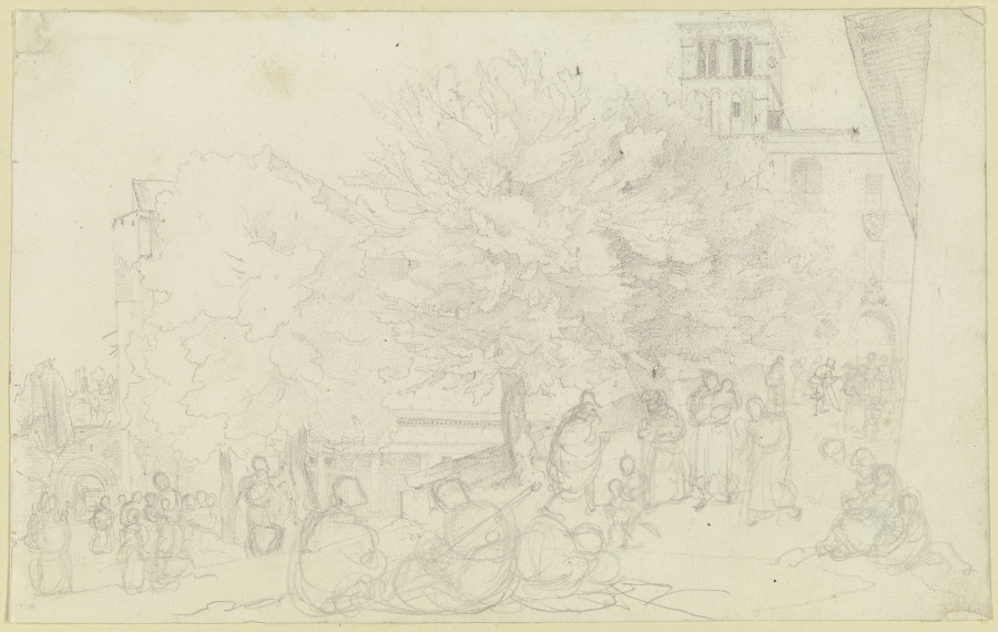 Volksszene auf dem Platz vor einer Kirche in Rom mit Blick auf einen Campanile, Bäume und einen Torb von Carl Philipp Fohr