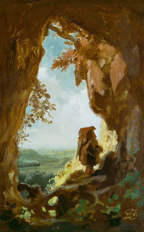 Gnom, von einer Höhle die erste Eisenbahn betrachtend von Carl Spitzweg