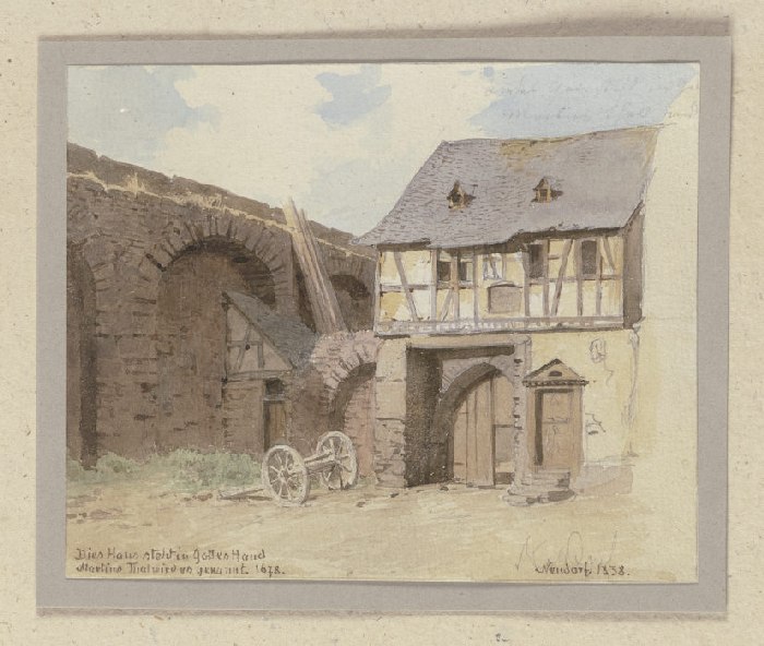 An eine Mauer gelehntes Fachwerkhaus in Neudorf bei Eltville von Carl Theodor Reiffenstein