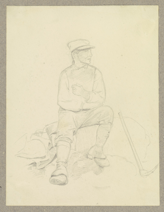 Arbeiter, auf einem Stein sitzend, neben ihm eine Spitzhacke von Carl Theodor Reiffenstein