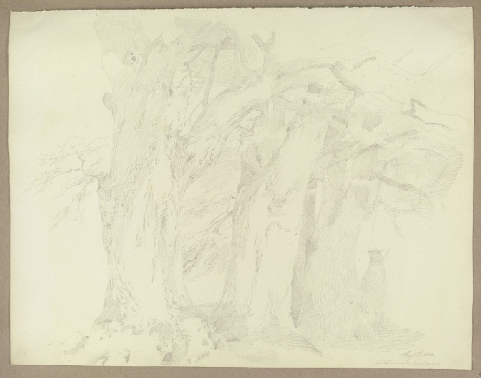 Baumreihe und ein Jäger mit geschulterter Flinte am Brunnen bei der Holzhäuser Öde von Carl Theodor Reiffenstein
