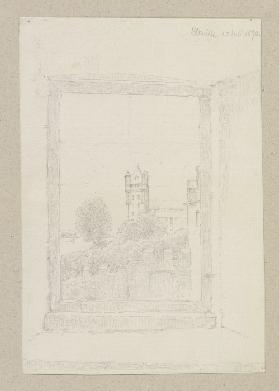 Blick durch ein Fenster auf die Kurfürstliche Burg von Eltville