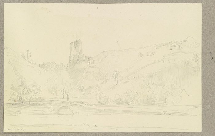 Burgruine Frauenburg, irrig mit einem runden und einem viereckigen statt mit zwei runden Türmen geze von Carl Theodor Reiffenstein