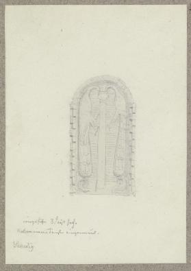 Rundbogige Nische, darin zwei in Relief ausgeführte Pfauen