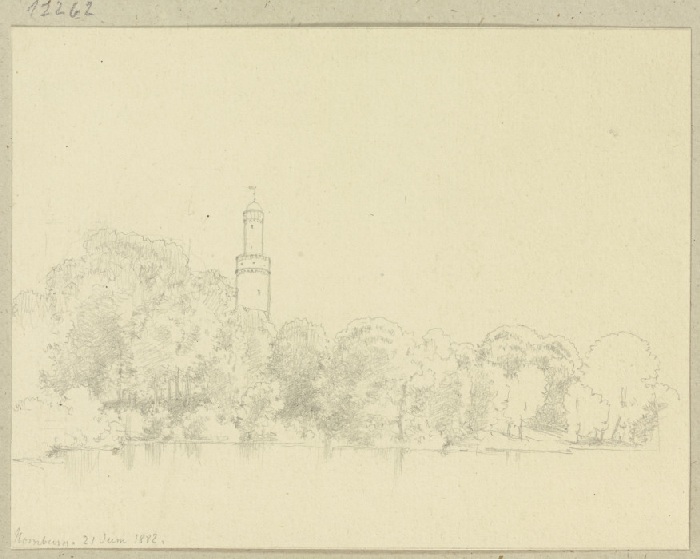 See und weißer Turm im Schlosspark von Homburg von Carl Theodor Reiffenstein