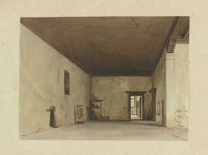 Spärlich möblierter Innenraum mit Spinnrad, von dem weitere Räume abgehen von Carl Theodor Reiffenstein