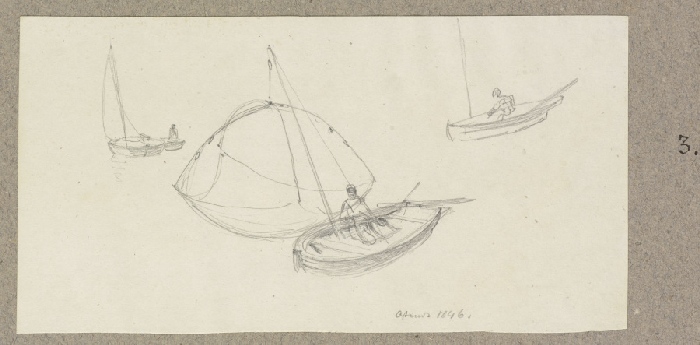 Studienblatt: Drei Boote mit einer darin sitzenden Figur, das mittlere mit Reuse von Carl Theodor Reiffenstein