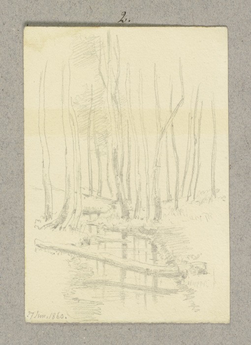 Zwischen Bäumen fließender Bach, über ihn führt ein liegender Baumstamm von Carl Theodor Reiffenstein