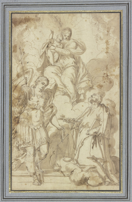 Madonna in Wolken, verehrt vom Erzengel Michael und dem Heiligen Petrus von Carlo Caliari