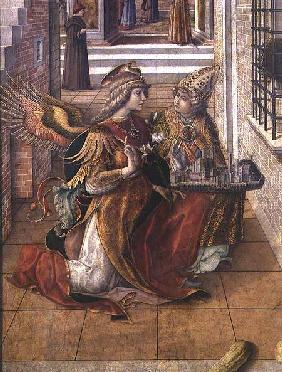 The Annunciation with St. Emidius, detail of the archangel Gabriel with the saint 1486
