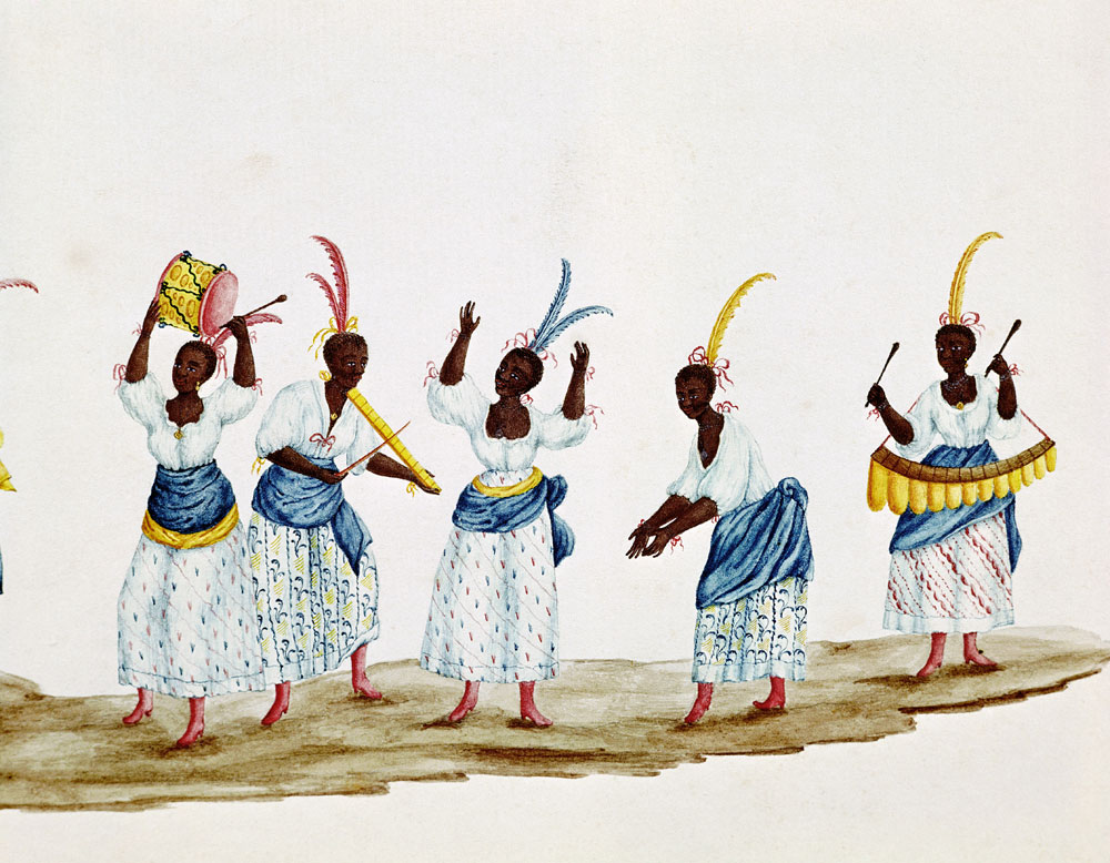Queen and her Suite, detail depicting dancers and musicians  on von Carlos Juliao