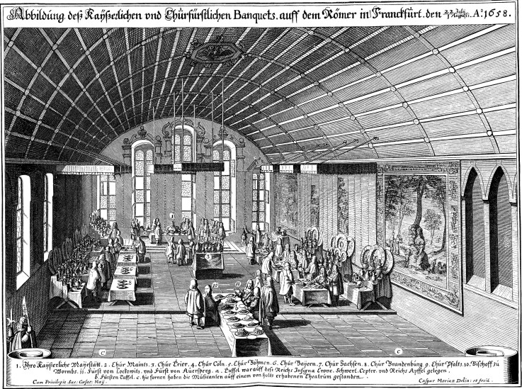 Bankett auf dem Römer in Frankfurt a.M. am 1. August 1658 bei Wahl Leopolds I. zum Kaiser von Caspar Merian