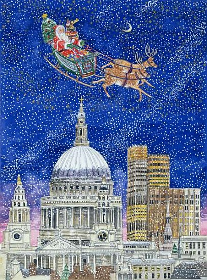 Father Christmas Flying over London (w/c on paper)  von Catherine  Bradbury