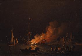 Brennendes Schiff in der Nacht