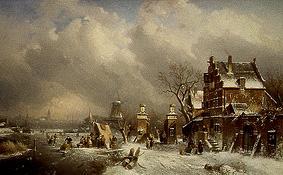 Winterliche Flußlandschaft mit Eisläufern, mit Wirtshaus und Mühle von Charles Henri Joseph Leickert