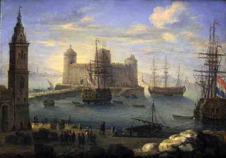 A Mediterranean port with men o' war von Charles Laurent Grevenbroeck