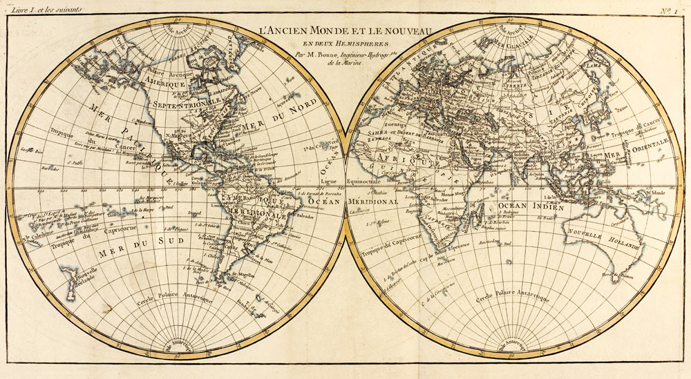 Map of the World in two Hemispheres, from 'Atlas de Toutes les Parties Connues du Globe Terrestre' b von Charles Marie Rigobert Bonne