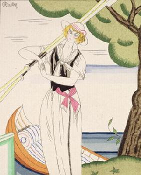 Woman alighting from her boat (colour litho) 15th
