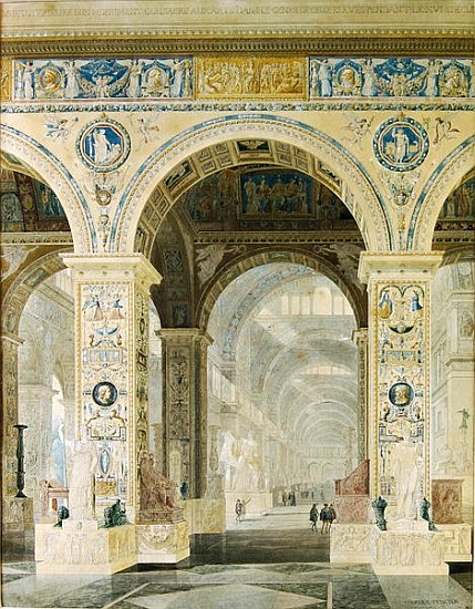 Interior View of the Louvre (gouache & w/c on paper) von Charles Percier