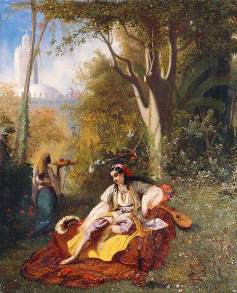 Eine Algerierin mit ihrer Bediensteten in einem Garten 1844