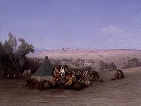 Lagernde Araber auf dem Ölberg mit Blick auf Jerusalem.