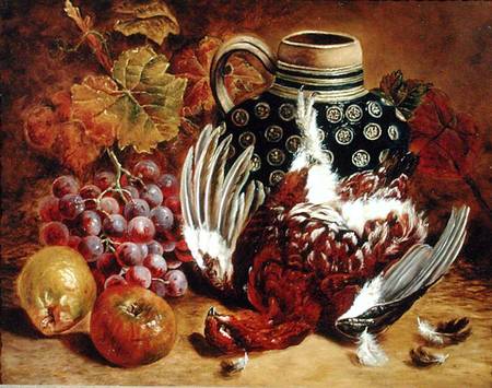 Still Life of Grapes, Apples, Dead Grouse and a Blue Jug von Charles Thomas Bale