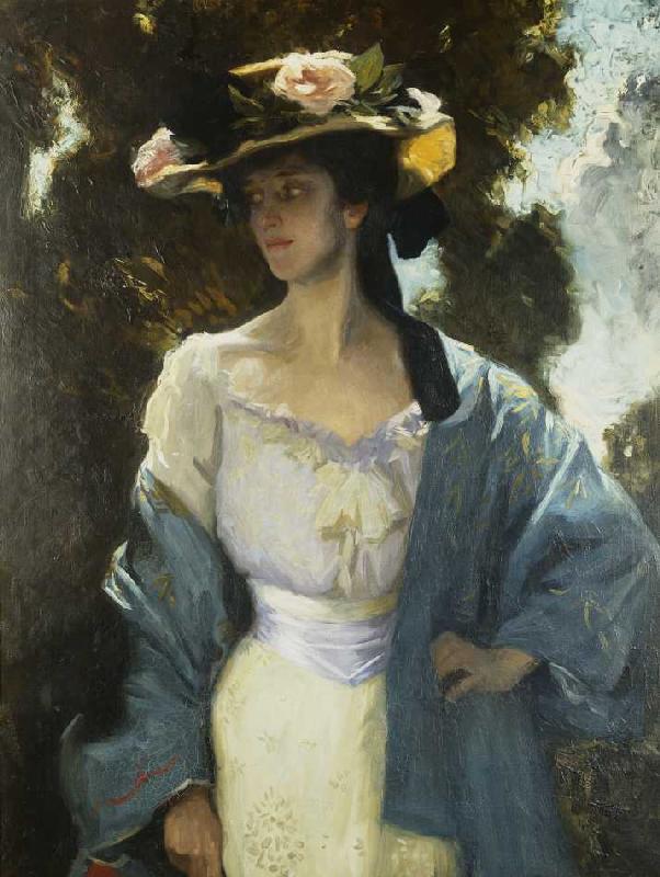 Frances Josephine Furse, Schwägerin des Künstlers, in einer blauen, orientalischen Jacke von Charles Wellington Furse