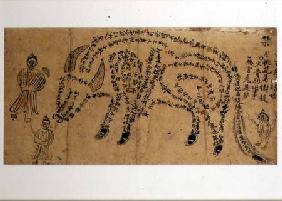 Handpainted incantation depicting a water buffalo composed of a poem with three Taoist priests 19th centu