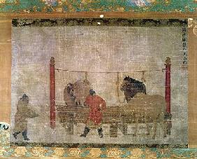 Hanging, depicting grooms feeding horses, ink and watercolour on silk, attributed to Jen Jen-Far 14th centu
