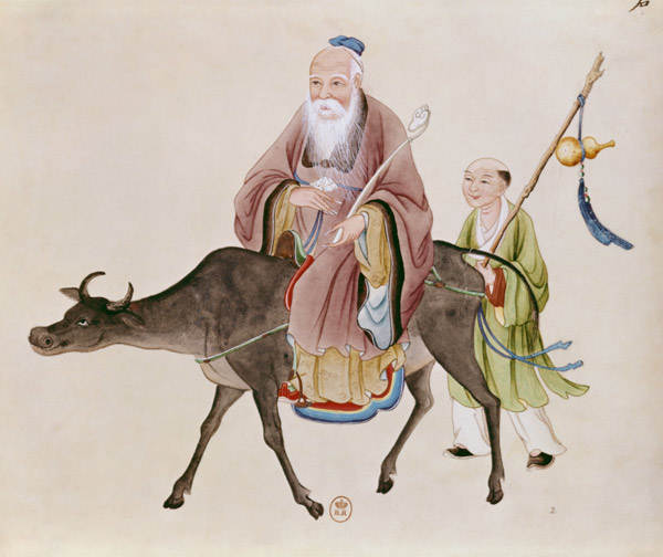Lao-Tzu (c.604-531) on his buffalo, followed by a disciple  on von Chinese School