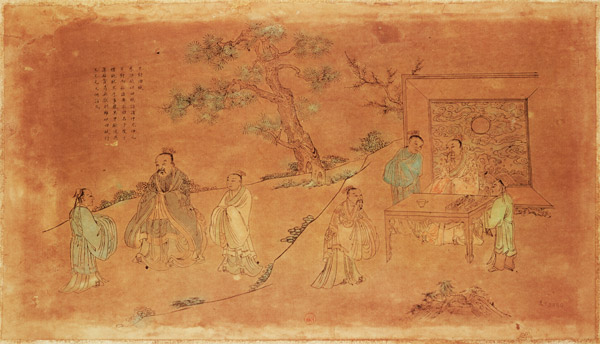 Scene from the life of Confucius (c.551-479 BC) and his disciples, Qing Dynasty (1644-1912) von Chinese School