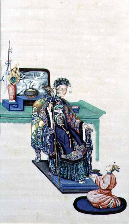 Old Woman Seated with a Kneeling Servant von Chinese School
