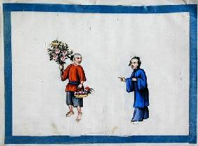 Flower seller approached by a noblewoman 1850s
