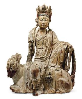Chinesische Holzfigur von Manjusri, Bodhisattwa der Weisheit, Yuan/Ming Dynastie (1279-1644), auf ei