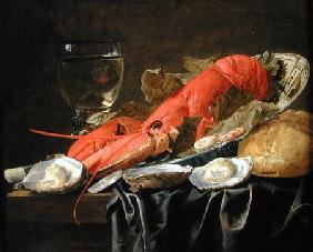 Still life with lobster, shrimp, roemer, oysters and bread oysters an