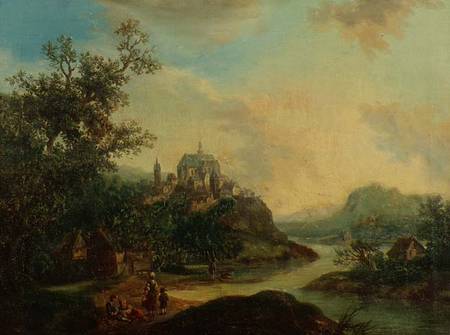 A Rhineland View with Figures in the foreground and a Fortified Town on a Hill Beyond von Christian Georg II Schutz or Schuz