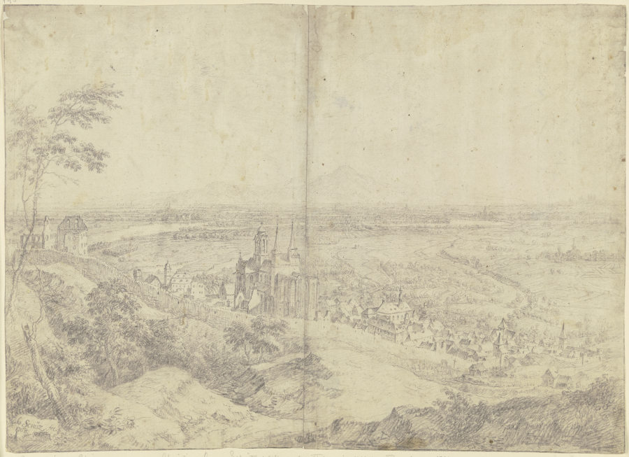 Blick auf Oppenheim am Rhein mit der Katharinenkirche, in der Ferne das Rheintal von Christian Georg Schütz d. Ä.