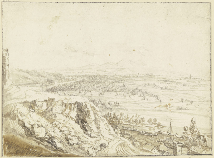 Blick von einer Anhöhe über ein Flusstal auf ferne Berge, im Vordergrund eine Ortschaft, Schleppkähn von Christian Georg Schütz d. Ä.