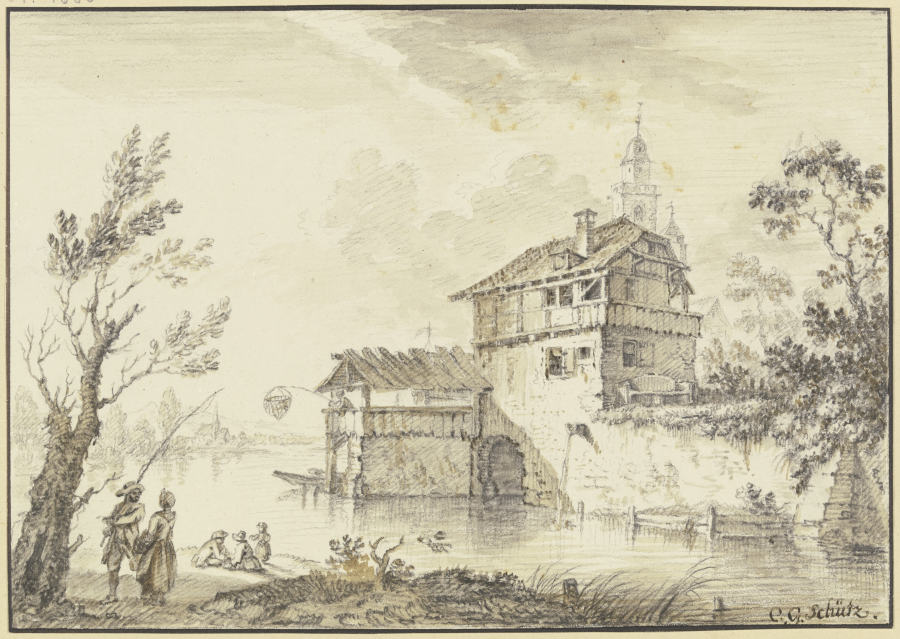 Häuser an einem Wasser, von einem Vorbau aus fischt ein Mann mit einem Netz, links an einem Baum ein von Christian Georg Schütz d. Ä.