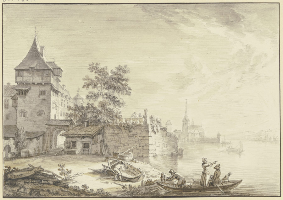 Stadttor bei einem Turm am Wasser (Oestrich), vorne ein Kahn mit drei Personen und einem Hund von Christian Georg Schütz d. Ä.